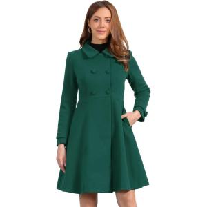 imageAllegra K Womens Winter Coat Overcoat Lapel Collar Long Swing A Line Double Breasted Pea CoatDark Green