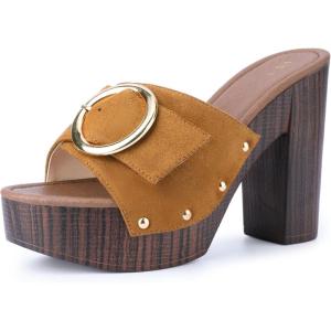imageAllegra K Womens Buckle Chunky High Heels Slip on Platform SandalsBrown