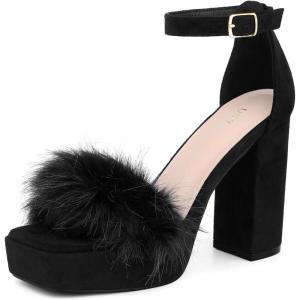 imageAllegra K Womens Square Toe Faux Fur Platform Chunky Heels SandalsBlack