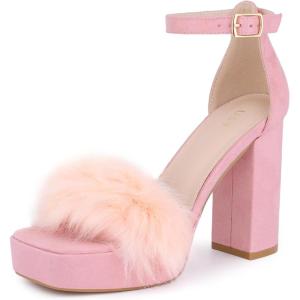 imageAllegra K Womens Square Toe Faux Fur Platform Chunky Heels SandalsPink