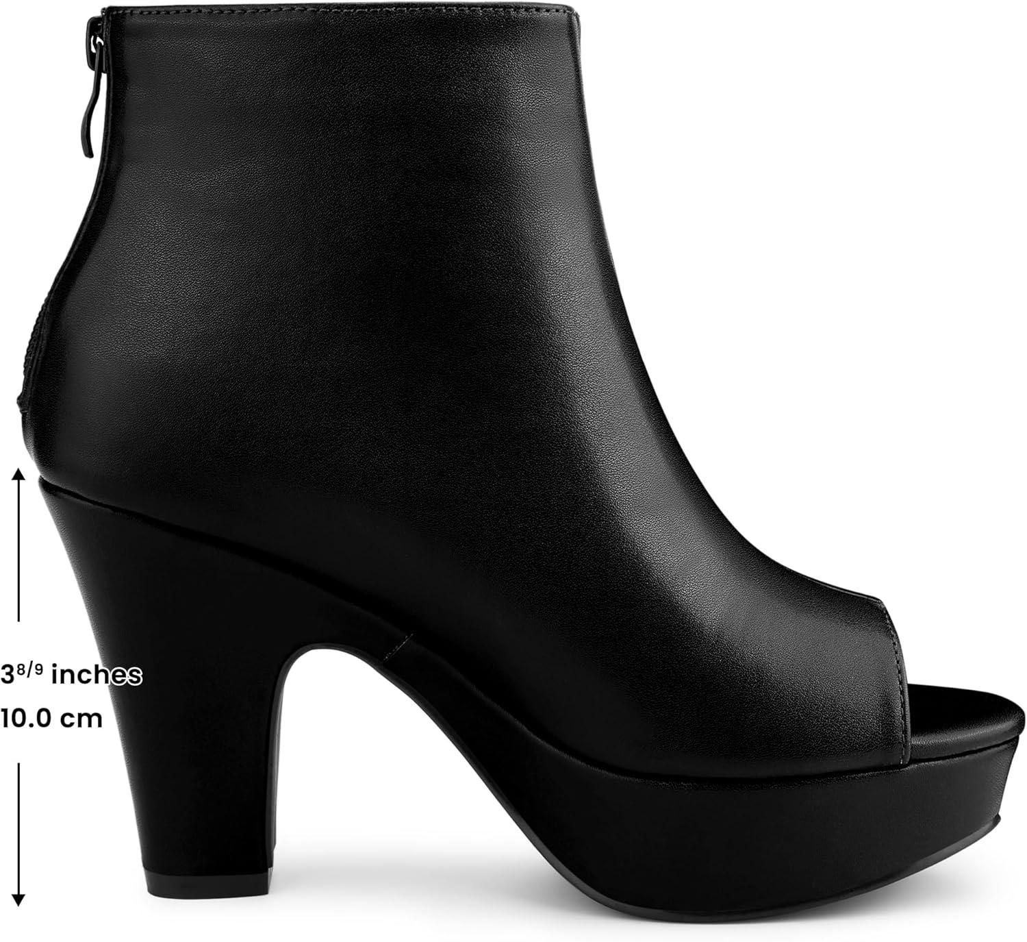 imageAllegra K Peep Toe Ankle Boots for Women Back Zip Chunky Heel Platform BootsBlack