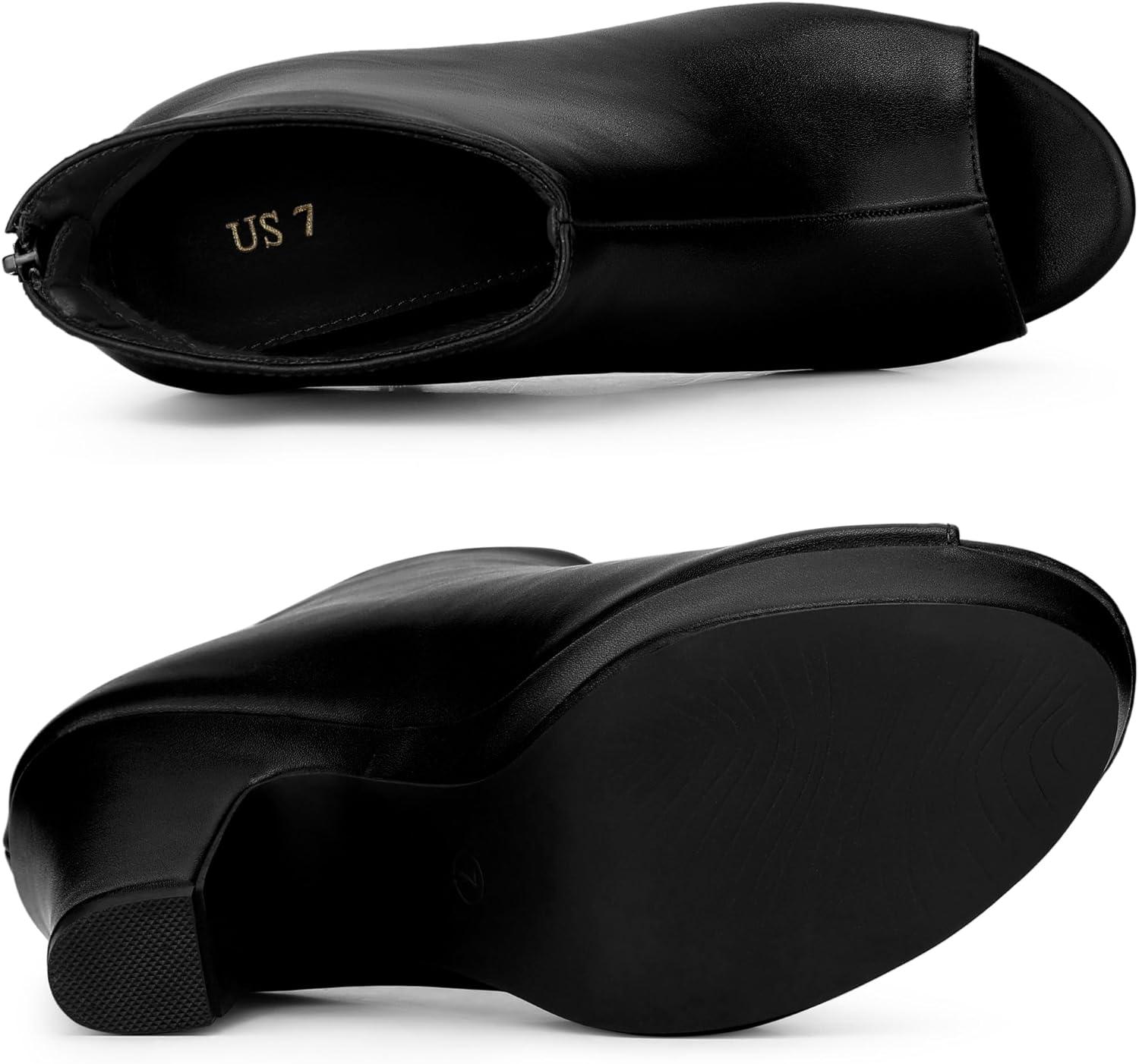 imageAllegra K Peep Toe Ankle Boots for Women Back Zip Chunky Heel Platform BootsBlack