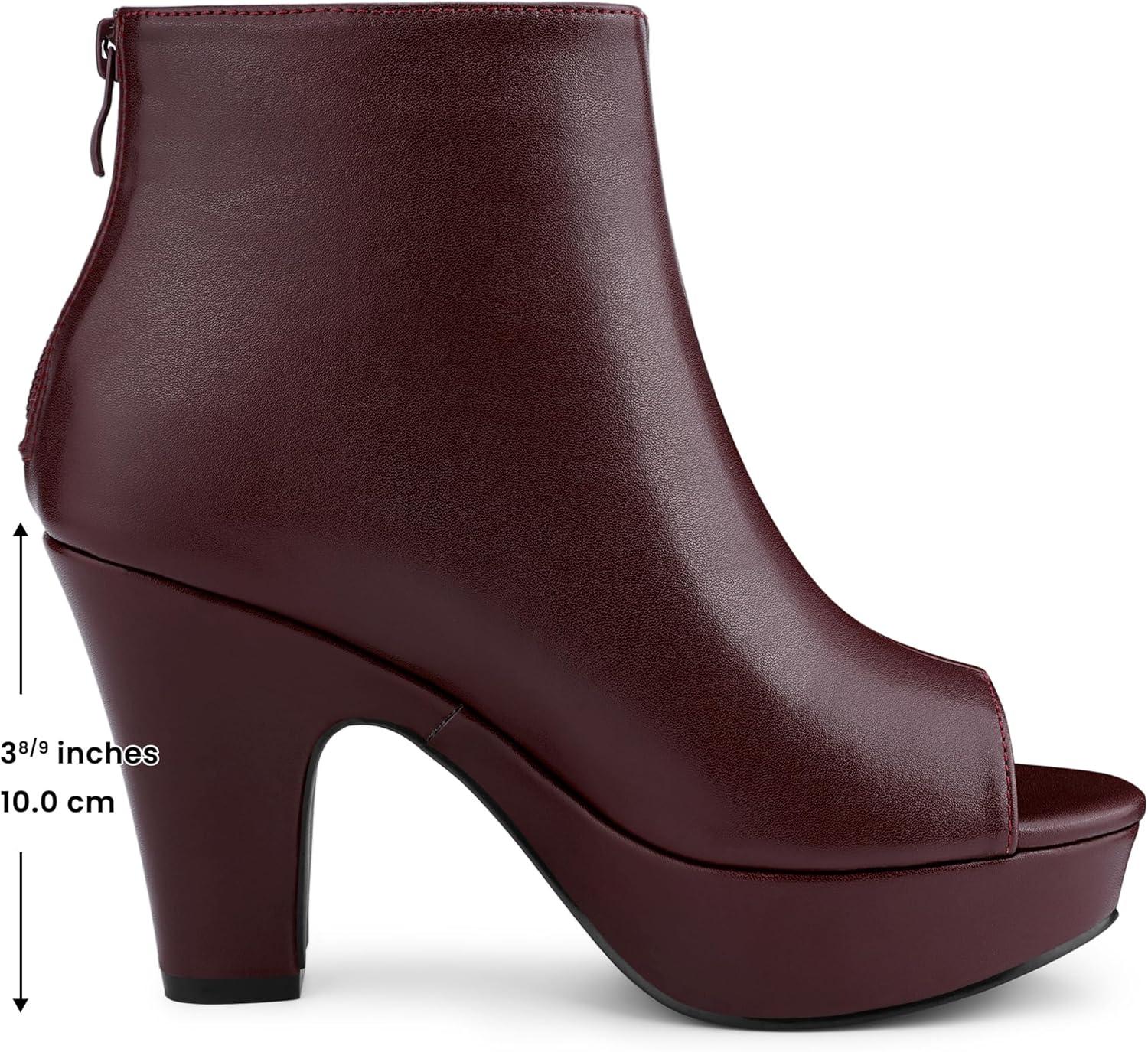 imageAllegra K Peep Toe Ankle Boots for Women Back Zip Chunky Heel Platform BootsBurgundy