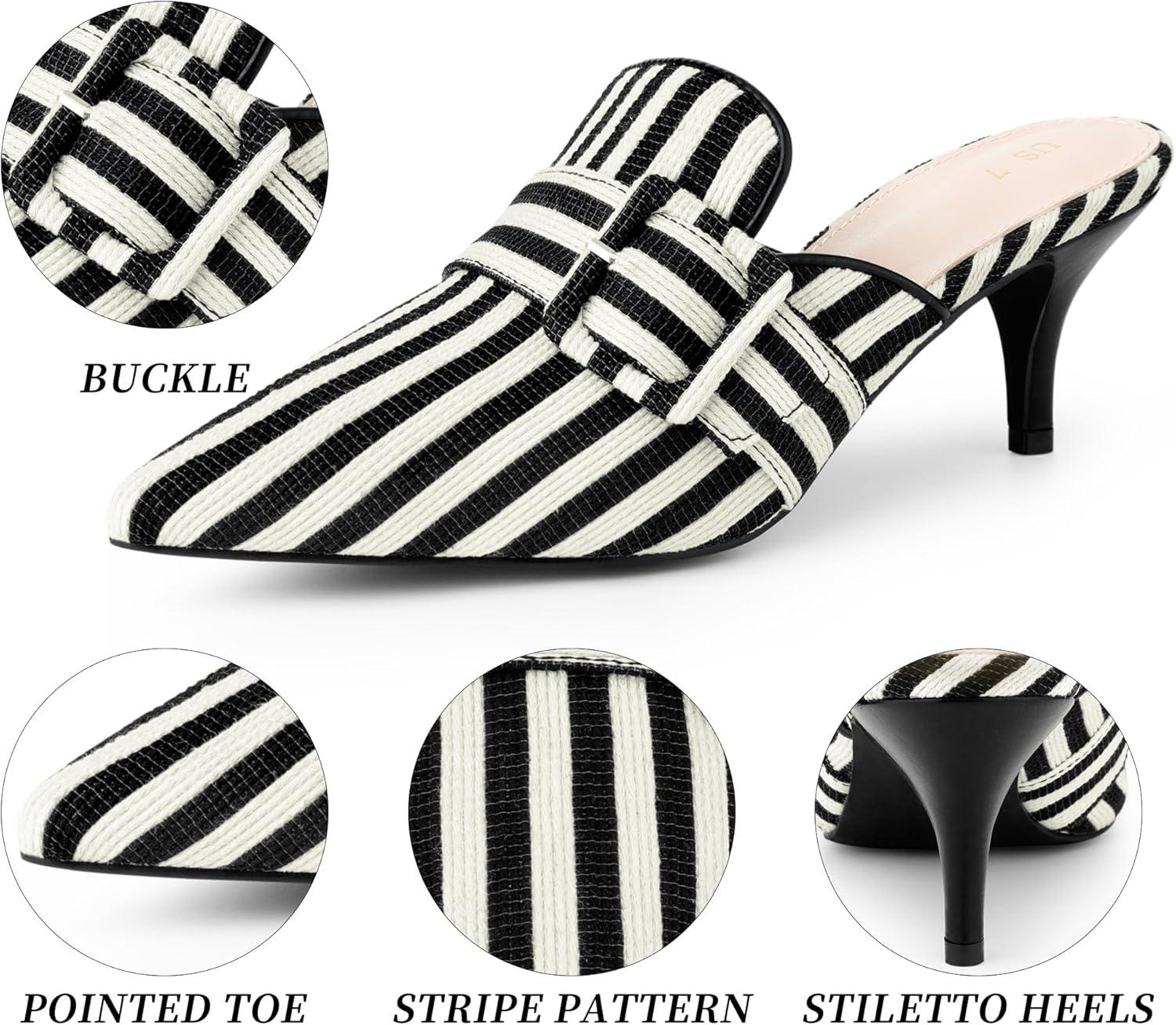 imageAllegra K Womens Buckle Stripe Pointed Toe Slip on Stiletto Heel MulesBlack