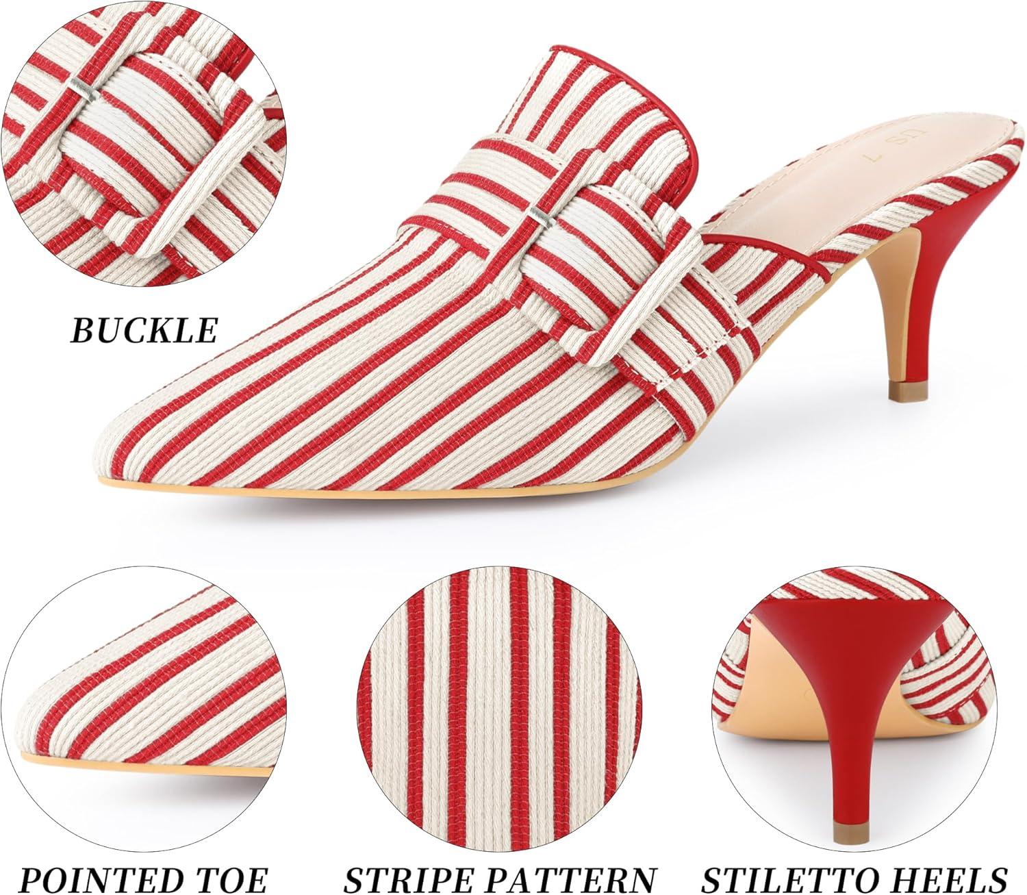 imageAllegra K Womens Buckle Stripe Pointed Toe Slip on Stiletto Heel MulesRed