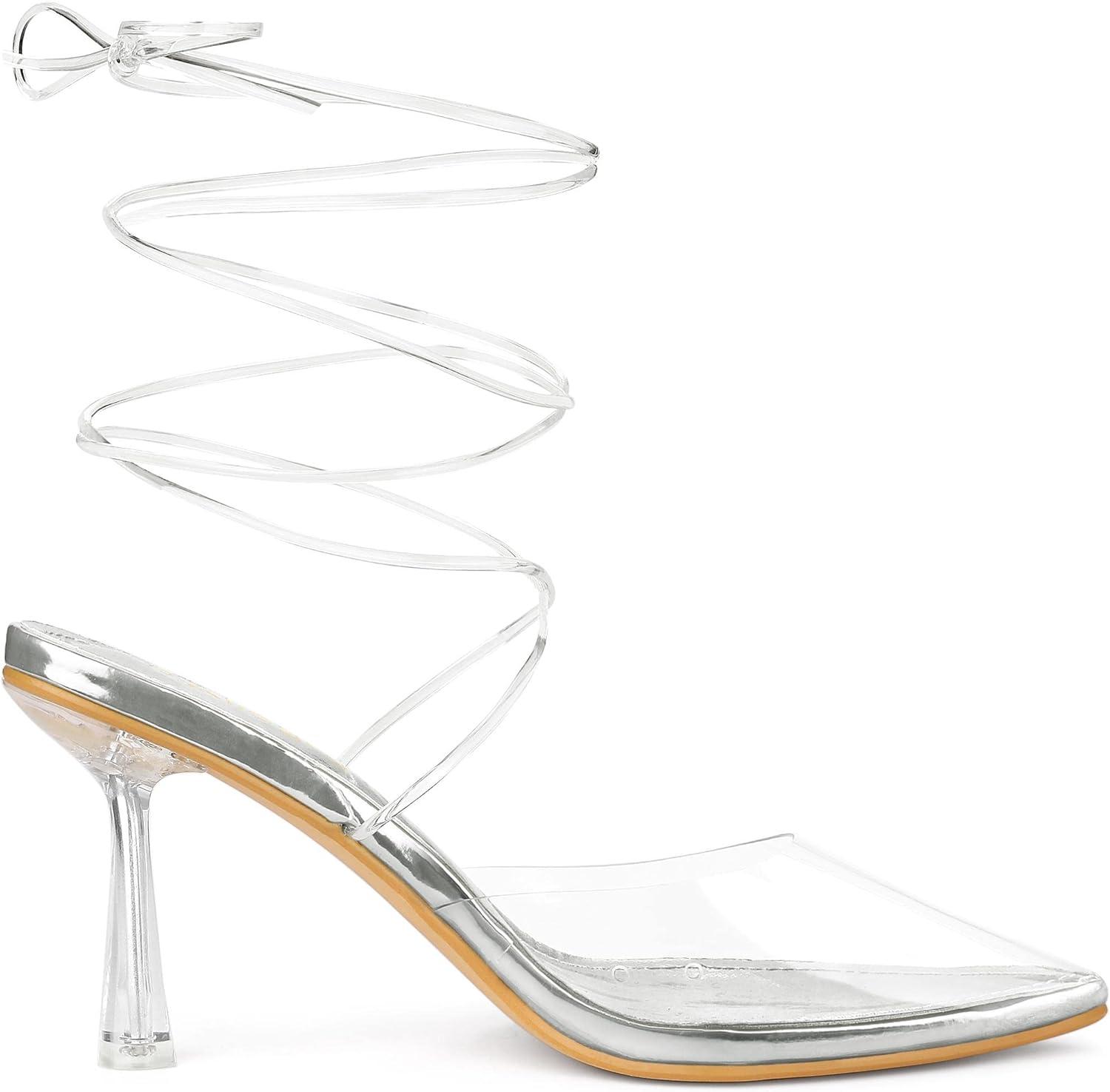 imageAllegra K Womens Clear Heels Lace Up Strappy Stiletto Transparent Heel SandalsSilver