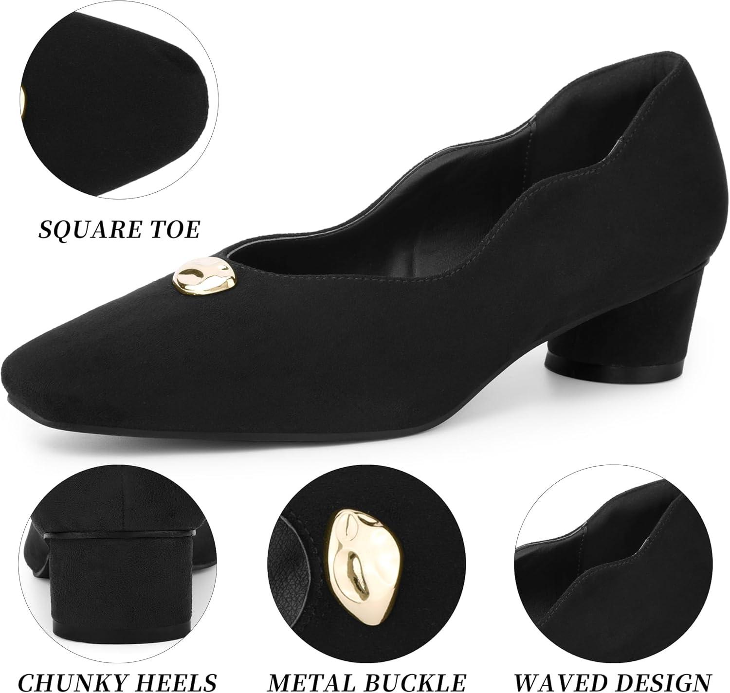 imageAllegra K Womens Mental Buckle Chunky Heel Square Toe Slip on PumpsBlack