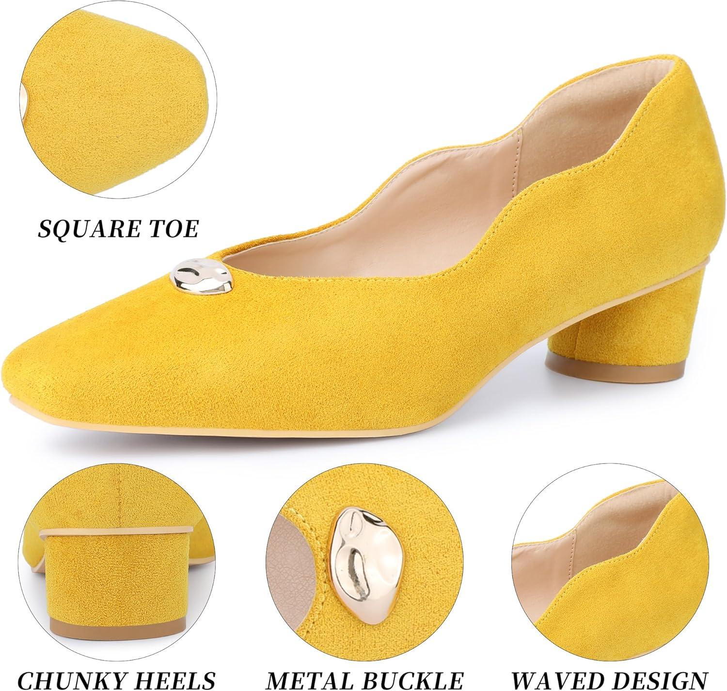 imageAllegra K Womens Mental Buckle Chunky Heel Square Toe Slip on PumpsYellow