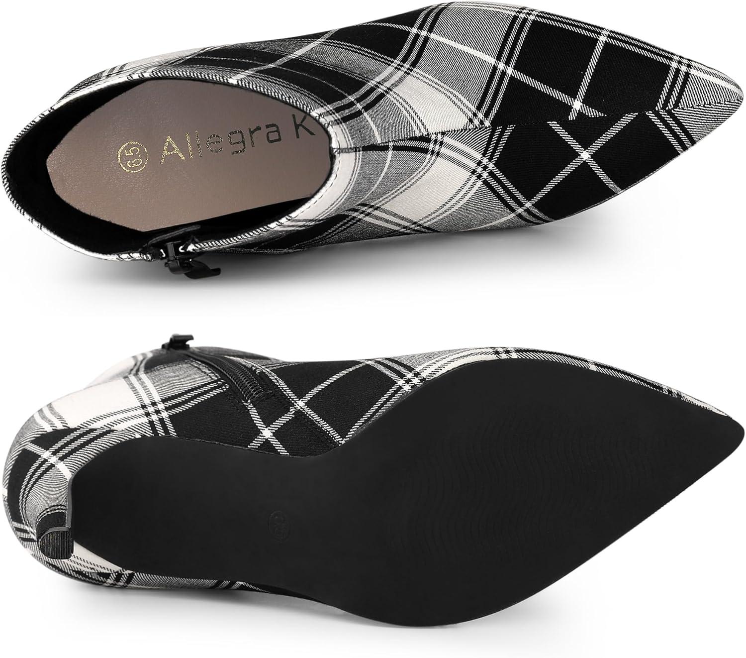 imageAllegra K Womens Plaid Pointed Toe Side Zip Stiletto Heel Ankle BootsBlack White