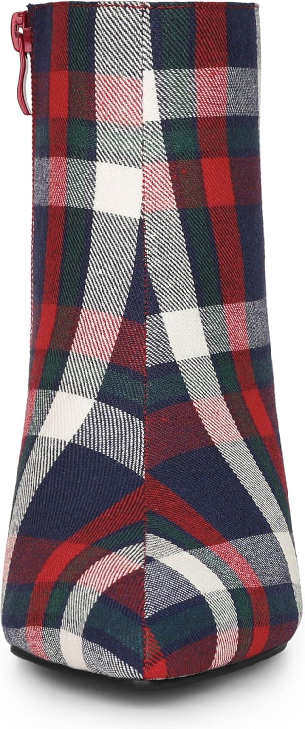 imageAllegra K Womens Plaid Pointed Toe Side Zip Stiletto Heel Ankle BootsBlue White