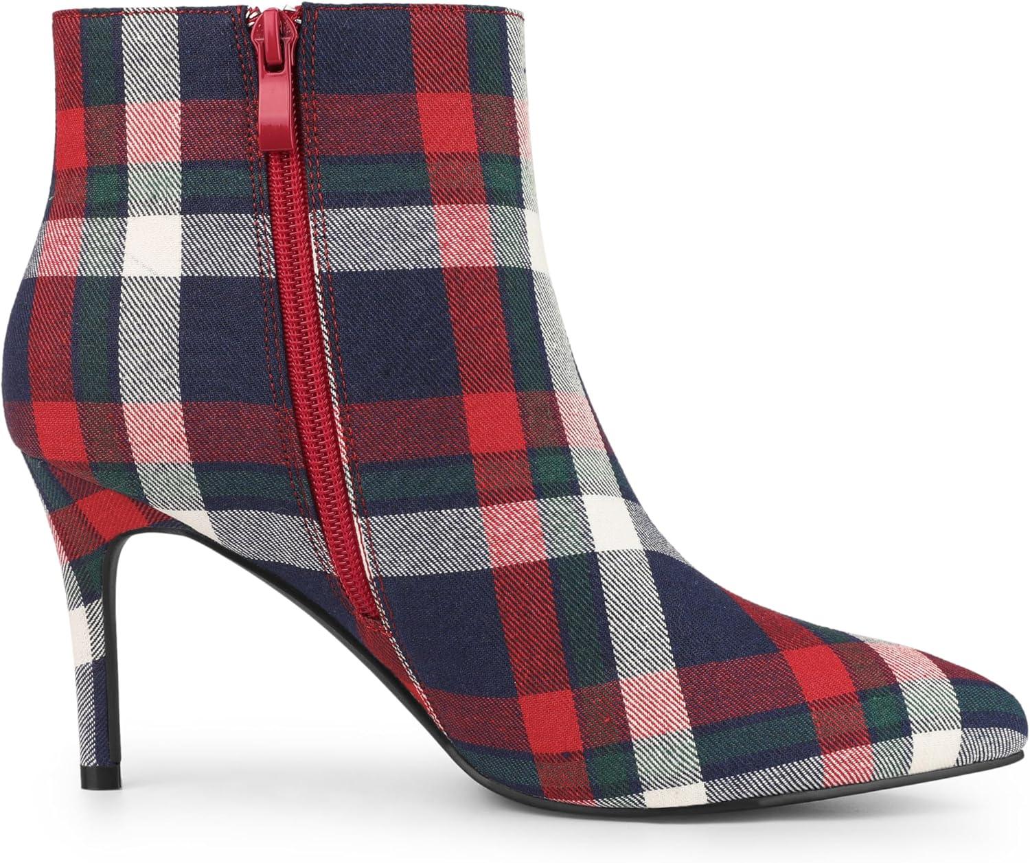 imageAllegra K Womens Plaid Pointed Toe Side Zip Stiletto Heel Ankle BootsBlue White