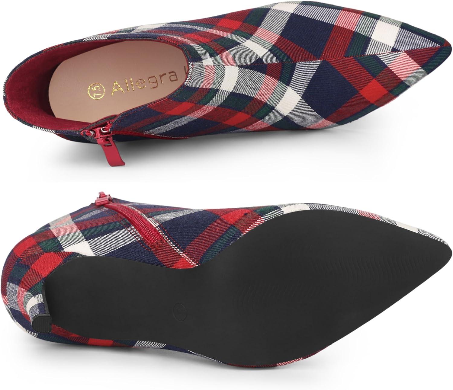 imageAllegra K Womens Plaid Pointed Toe Side Zip Stiletto Heel Ankle BootsBlue White