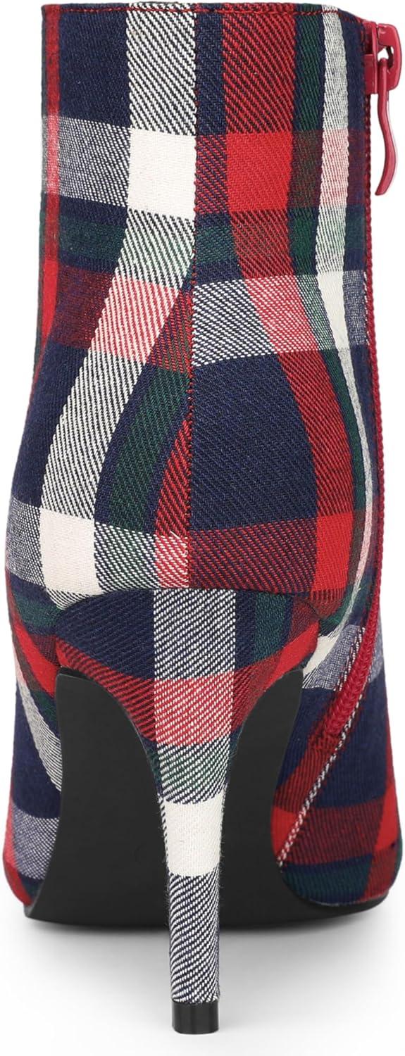 imageAllegra K Womens Plaid Pointed Toe Side Zip Stiletto Heel Ankle BootsBlue White