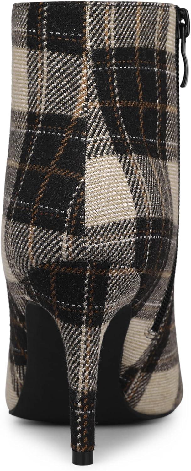 imageAllegra K Womens Plaid Pointed Toe Side Zip Stiletto Heel Ankle BootsBrown