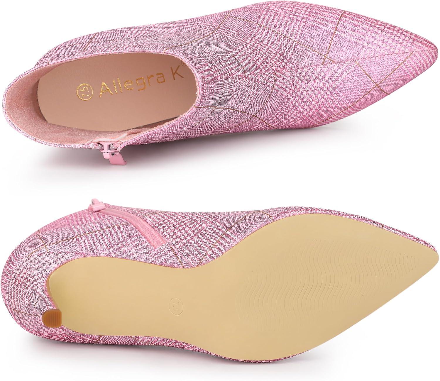 imageAllegra K Womens Plaid Pointed Toe Side Zip Stiletto Heel Ankle BootsGlitter Pink