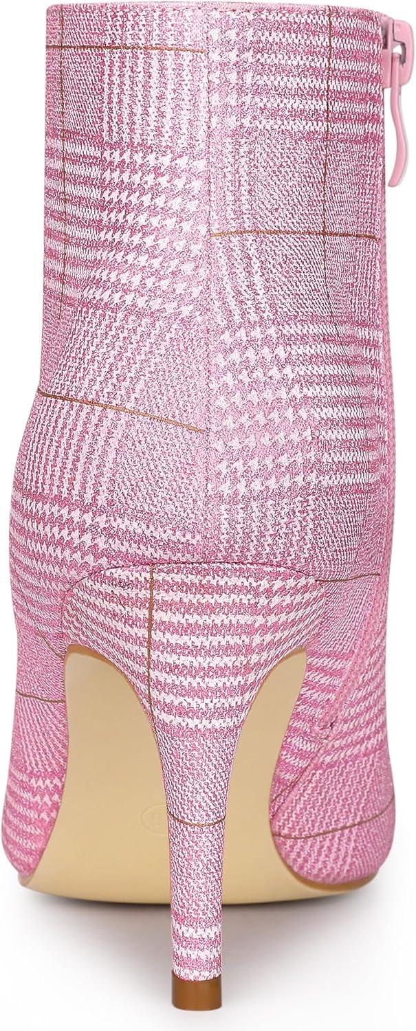imageAllegra K Womens Plaid Pointed Toe Side Zip Stiletto Heel Ankle BootsGlitter Pink