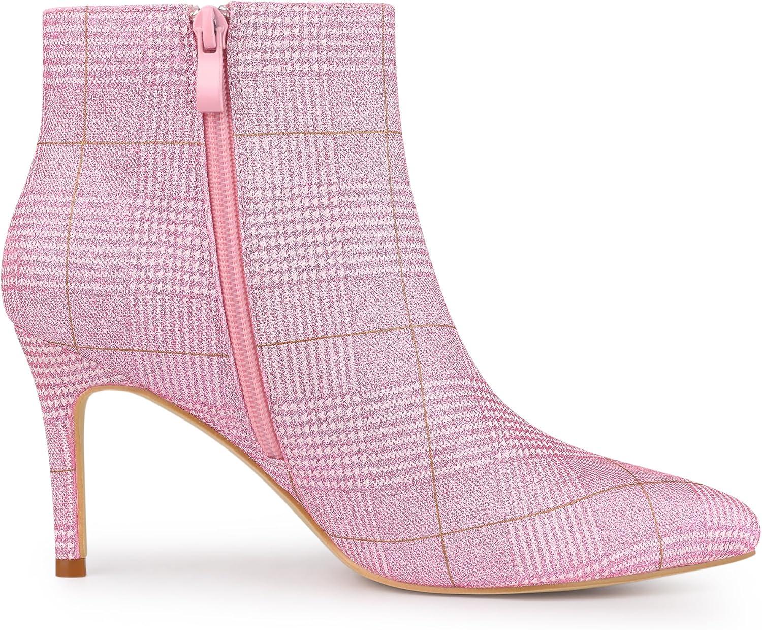imageAllegra K Womens Plaid Pointed Toe Side Zip Stiletto Heel Ankle BootsGlitter Pink