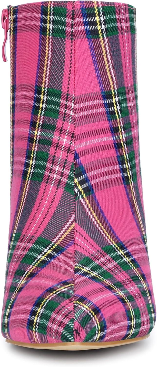 imageAllegra K Womens Plaid Pointed Toe Side Zip Stiletto Heel Ankle BootsHot Pink