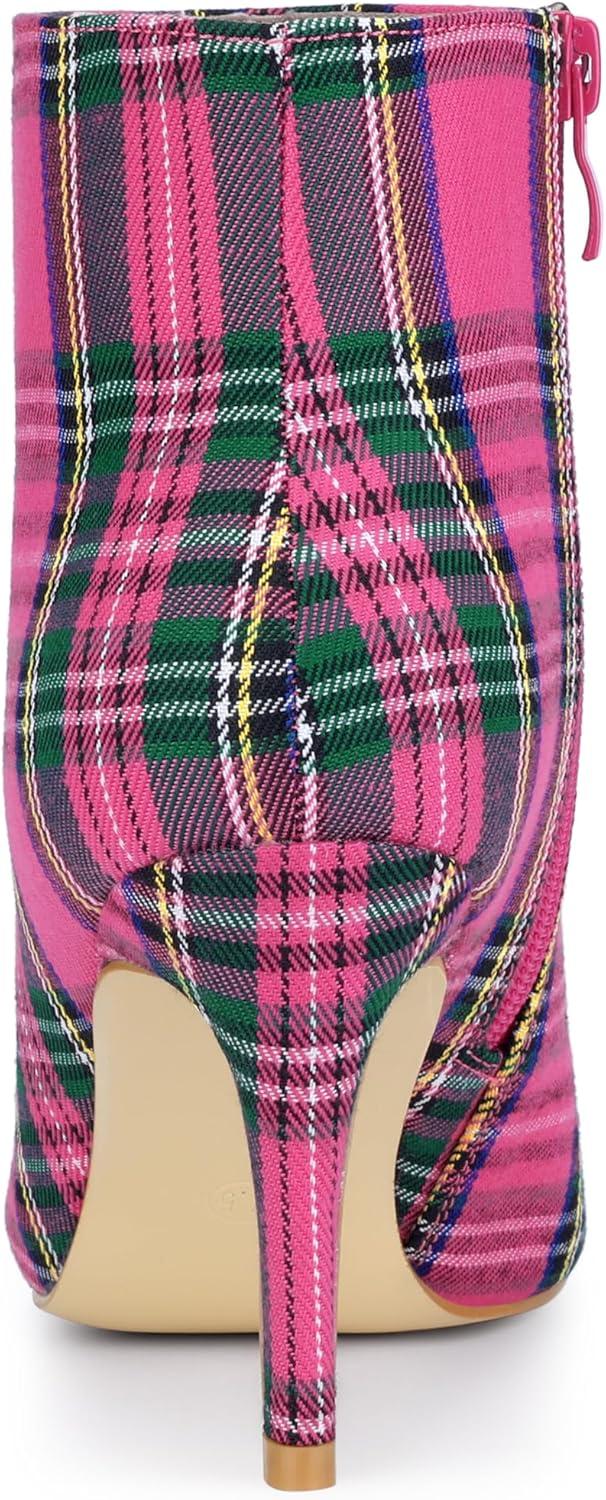 imageAllegra K Womens Plaid Pointed Toe Side Zip Stiletto Heel Ankle BootsHot Pink