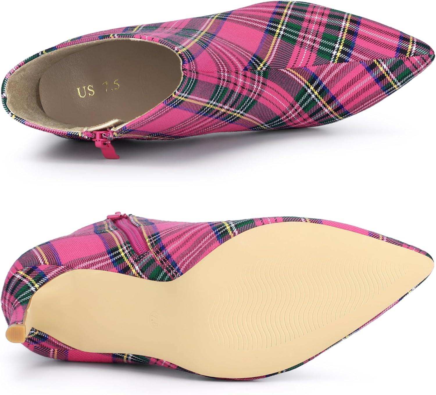 imageAllegra K Womens Plaid Pointed Toe Side Zip Stiletto Heel Ankle BootsHot Pink