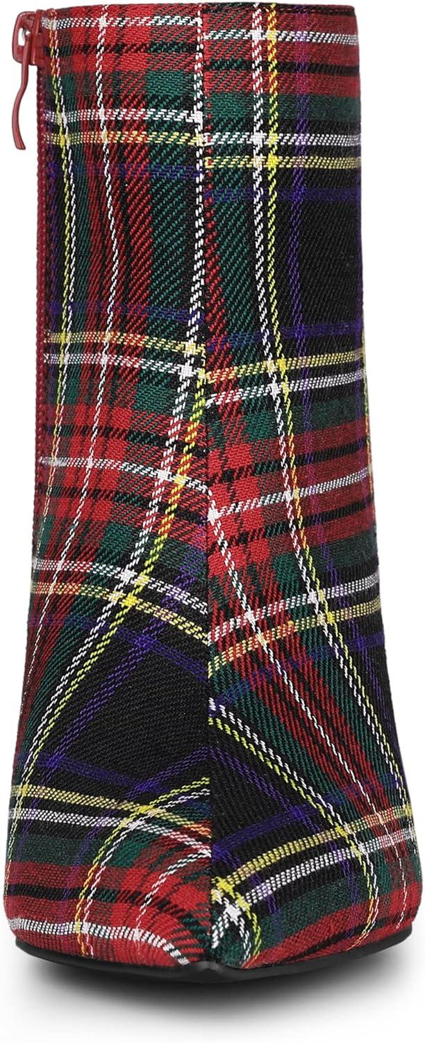 imageAllegra K Womens Plaid Pointed Toe Side Zip Stiletto Heel Ankle BootsRed Green