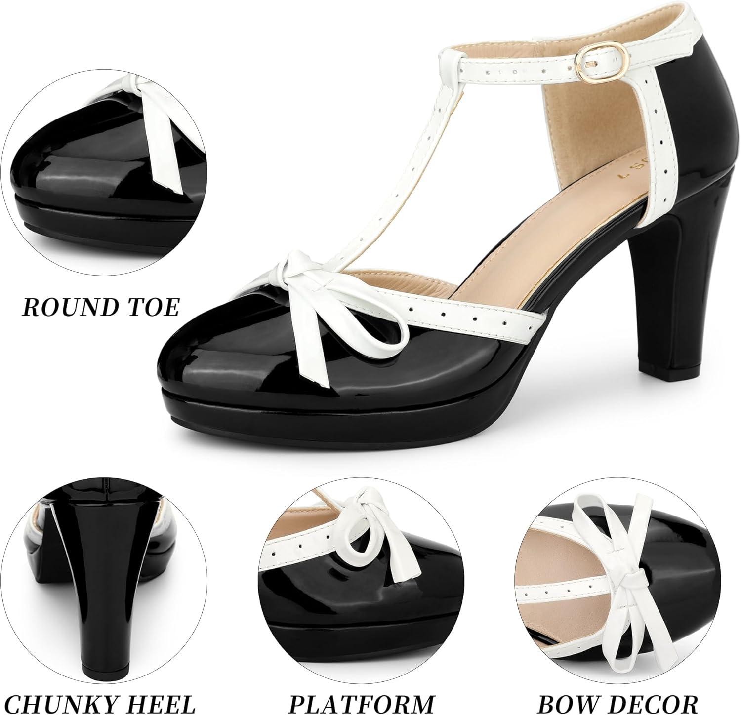 imageAllegra K Womens Platform Bow Heels TStrap Chunky Heel PumpsBlack