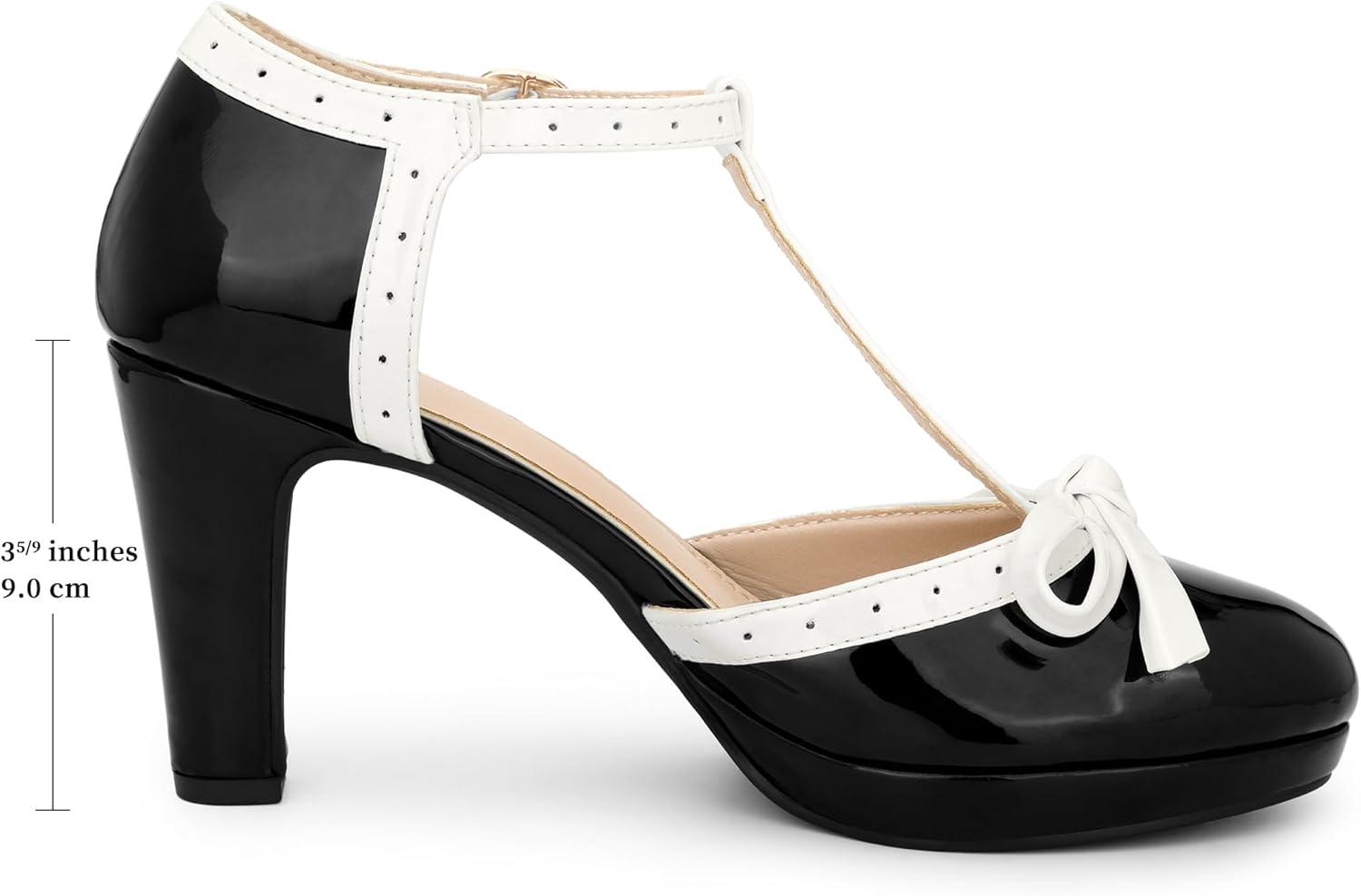 imageAllegra K Womens Platform Bow Heels TStrap Chunky Heel PumpsBlack