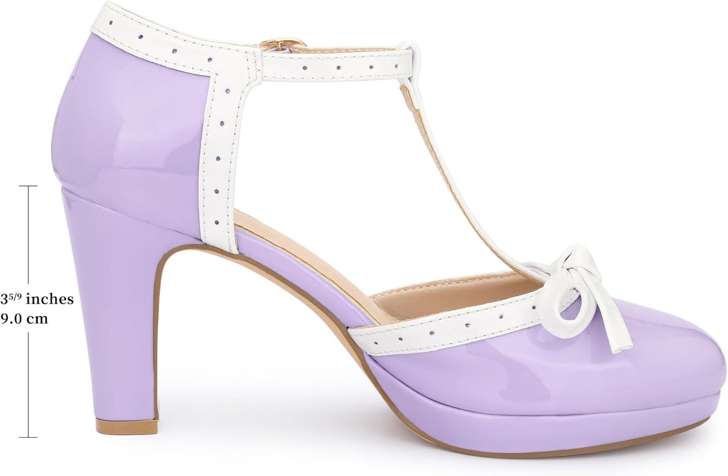 imageAllegra K Womens Platform Bow Heels TStrap Chunky Heel PumpsPurple