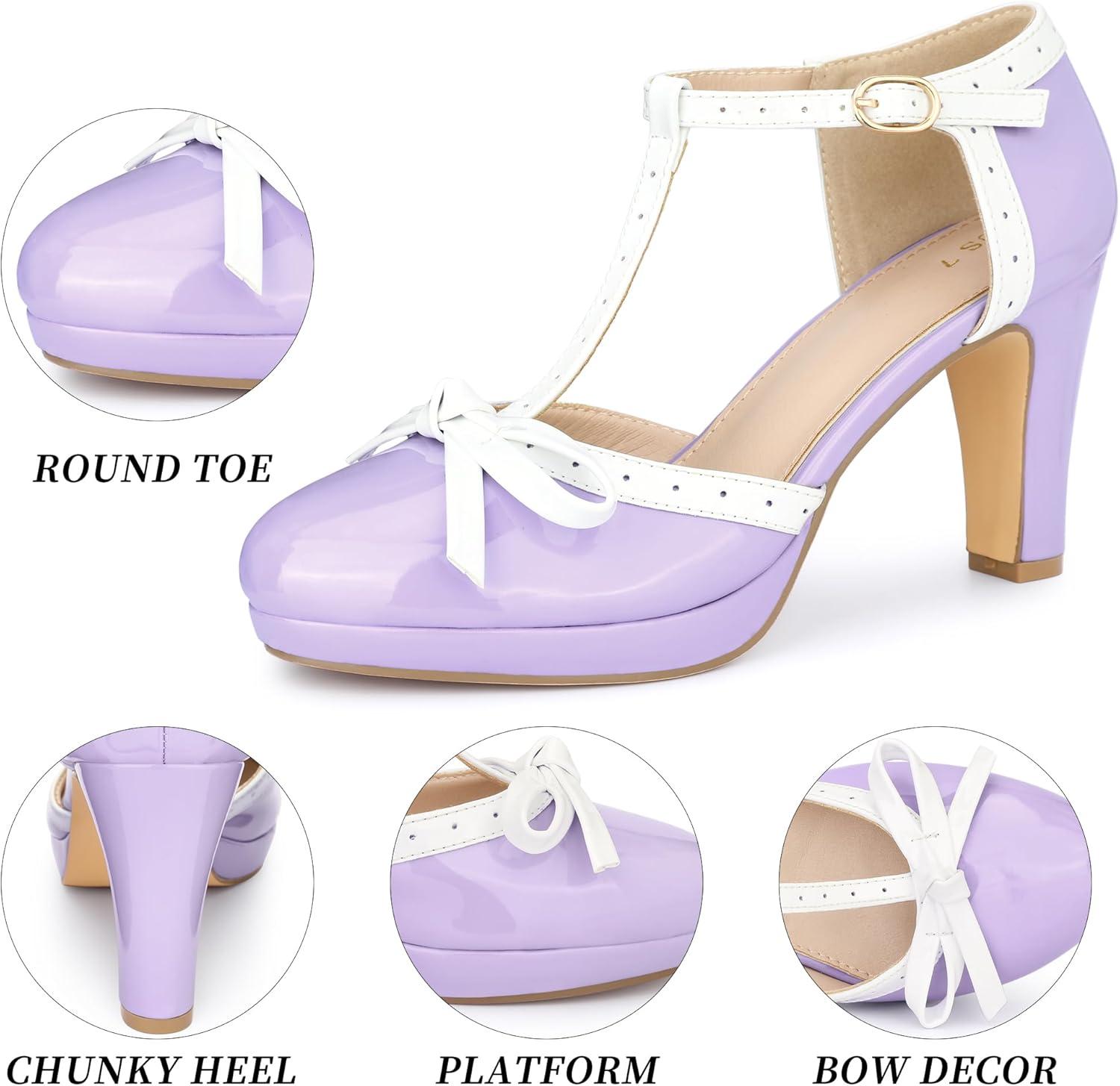 imageAllegra K Womens Platform Bow Heels TStrap Chunky Heel PumpsPurple