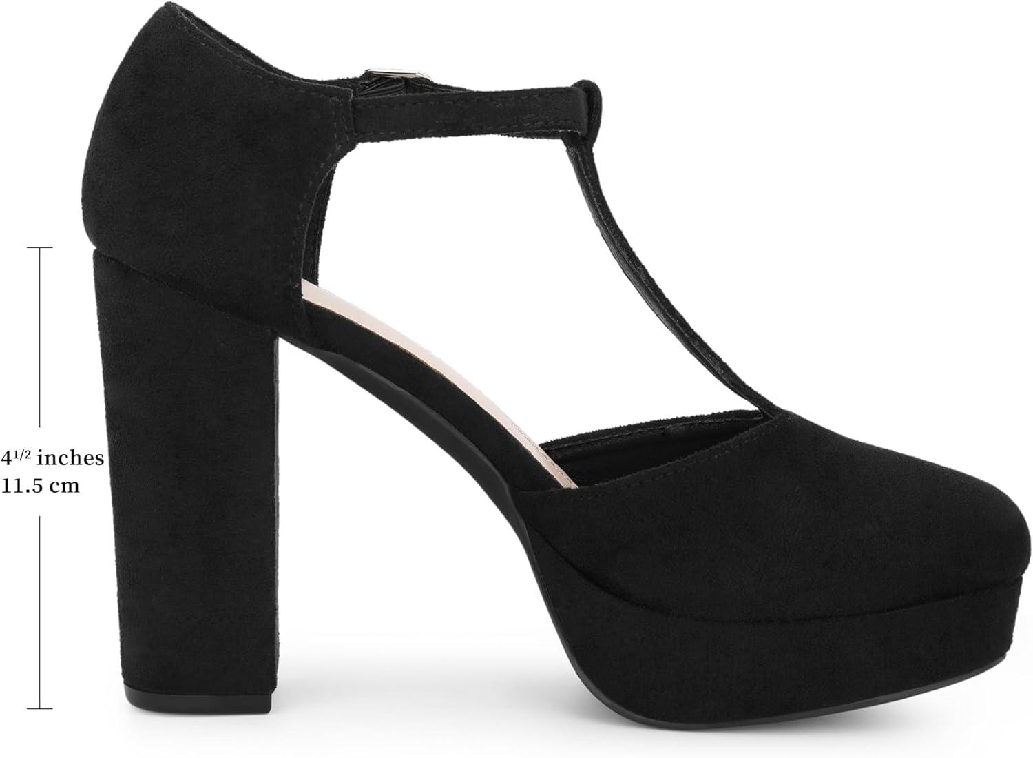 imageAllegra K Womens Platform Round Toe Heels TStrap Chunky High Heel PumpsBlack