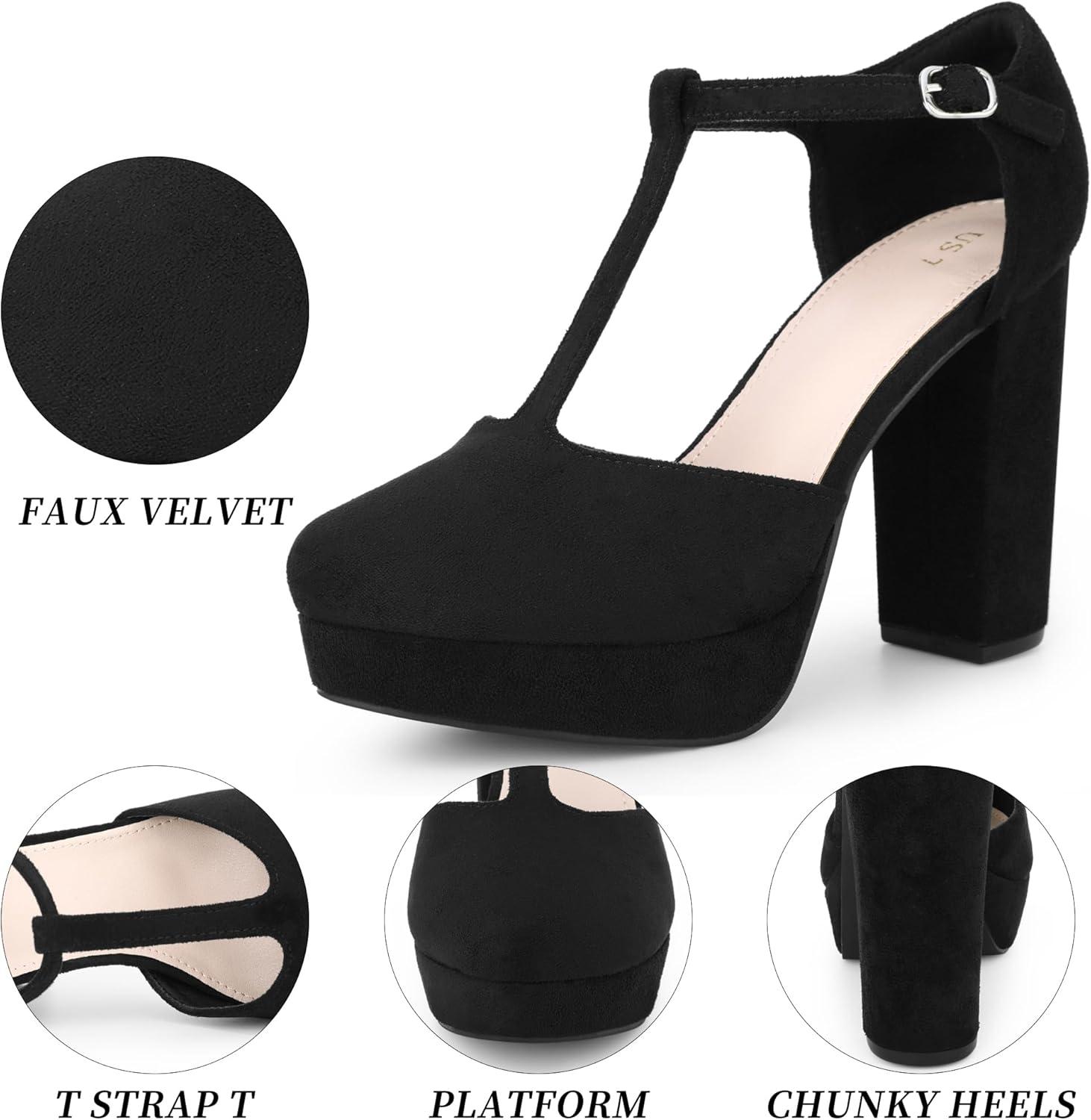 imageAllegra K Womens Platform Round Toe Heels TStrap Chunky High Heel PumpsBlack