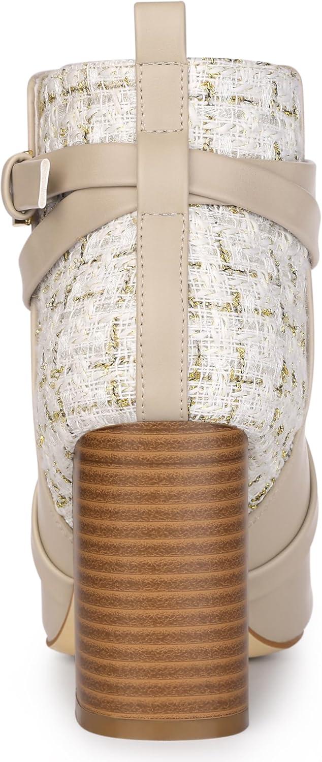 imageAllegra K Womens Pointy Toe Plaid Crisscross Strap Buckle Chunky Heels Ankle BootiesBeige