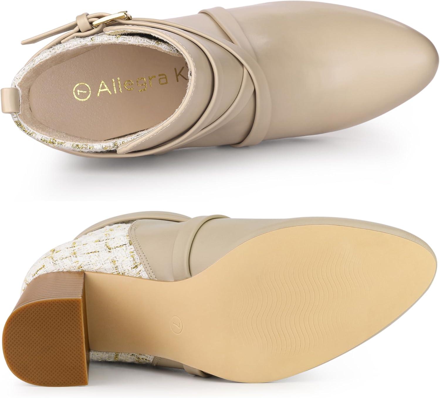 imageAllegra K Womens Pointy Toe Plaid Crisscross Strap Buckle Chunky Heels Ankle BootiesBeige