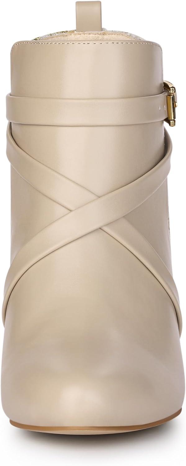 imageAllegra K Womens Pointy Toe Plaid Crisscross Strap Buckle Chunky Heels Ankle BootiesBeige