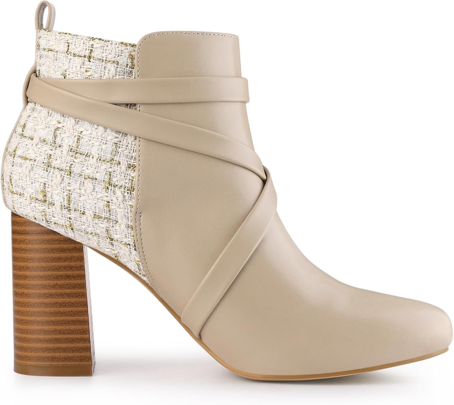 imageAllegra K Womens Pointy Toe Plaid Crisscross Strap Buckle Chunky Heels Ankle BootiesBeige