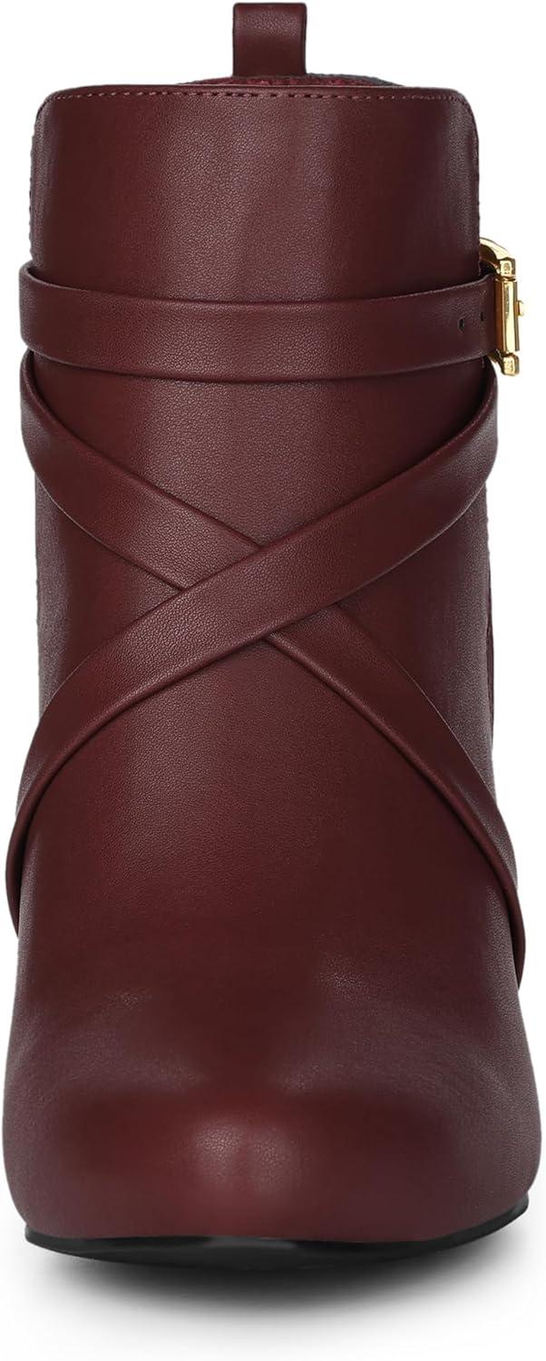 imageAllegra K Womens Pointy Toe Plaid Crisscross Strap Buckle Chunky Heels Ankle BootiesBurgundy