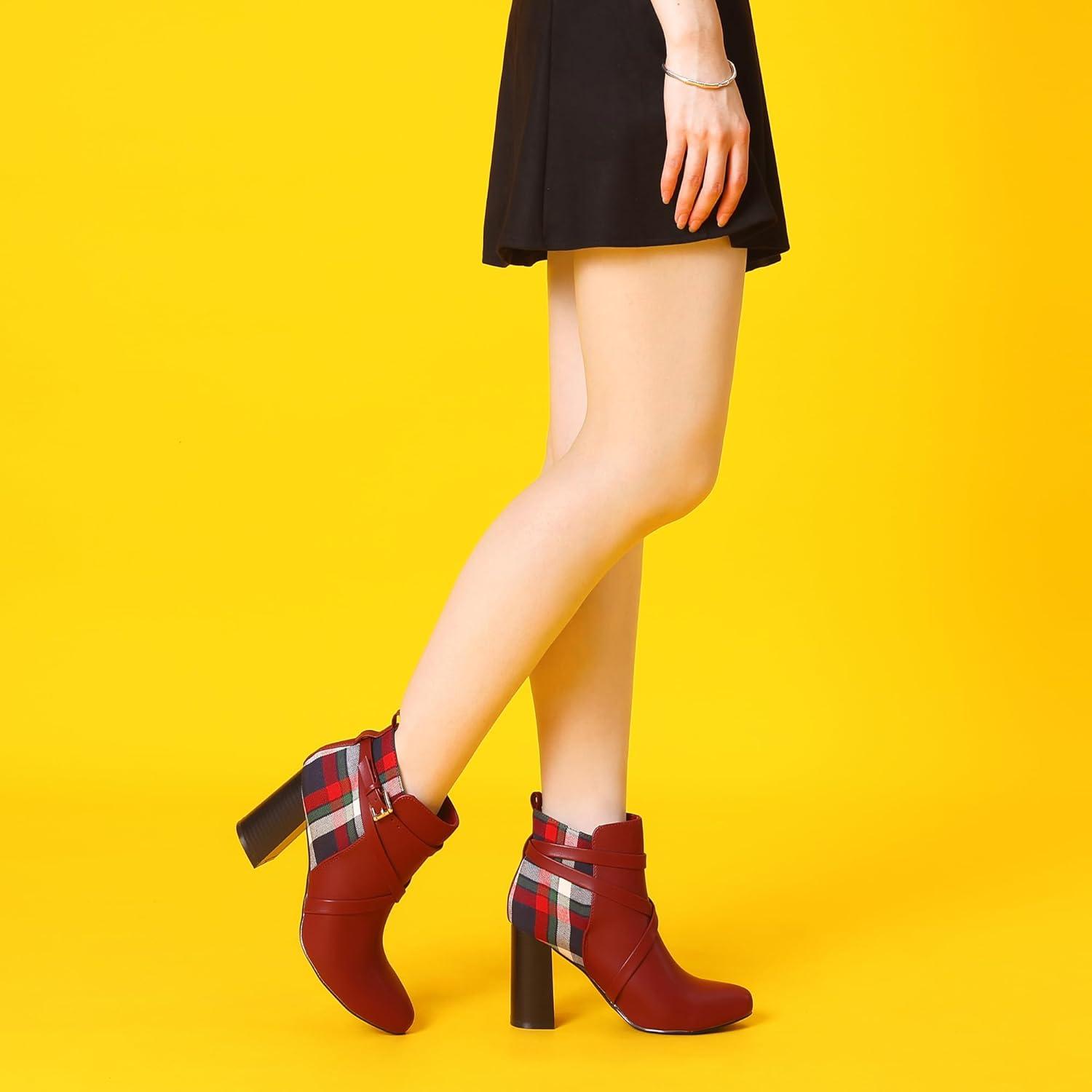 imageAllegra K Womens Pointy Toe Plaid Crisscross Strap Buckle Chunky Heels Ankle BootiesBurgundy