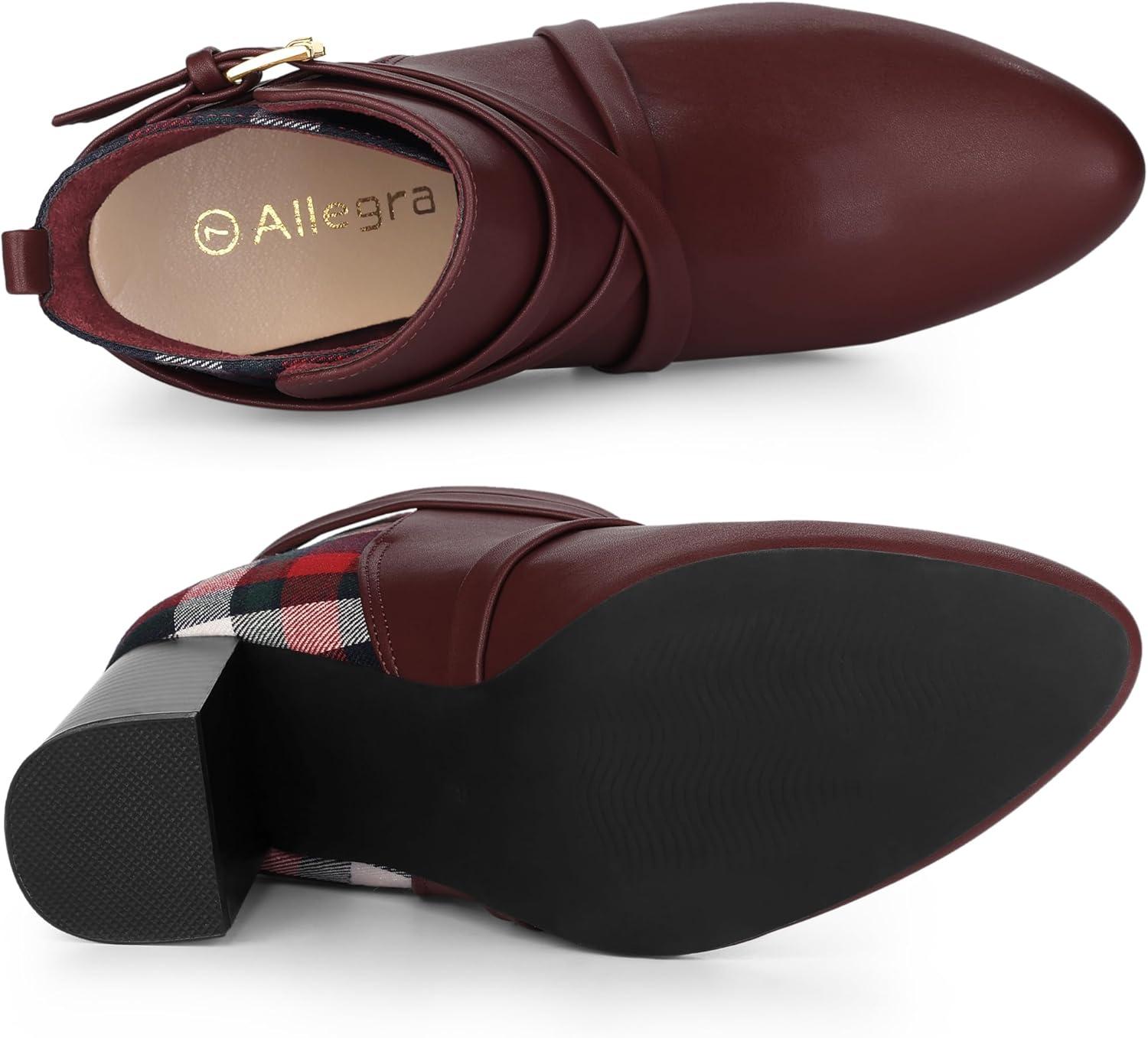 imageAllegra K Womens Pointy Toe Plaid Crisscross Strap Buckle Chunky Heels Ankle BootiesBurgundy