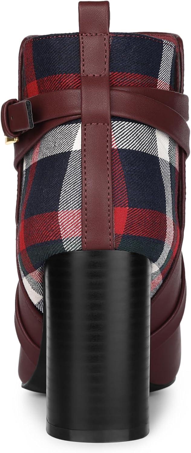 imageAllegra K Womens Pointy Toe Plaid Crisscross Strap Buckle Chunky Heels Ankle BootiesBurgundy