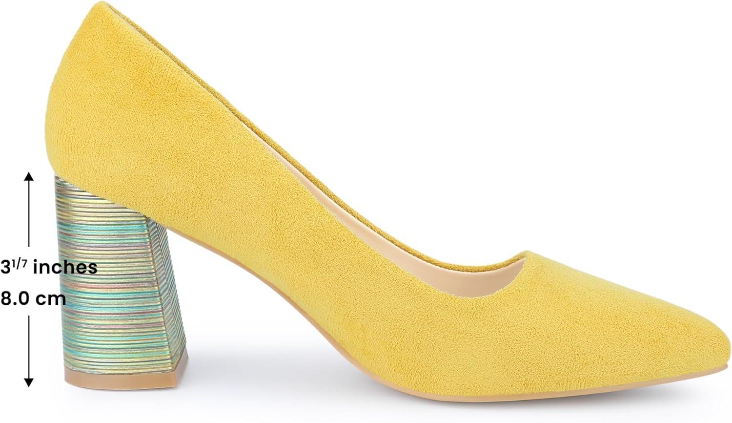 imageAllegra K Womens Pointy Toe Slip on Plaid Printing Closed Toe Dress Shoes Chunky Heel PumpsYellow