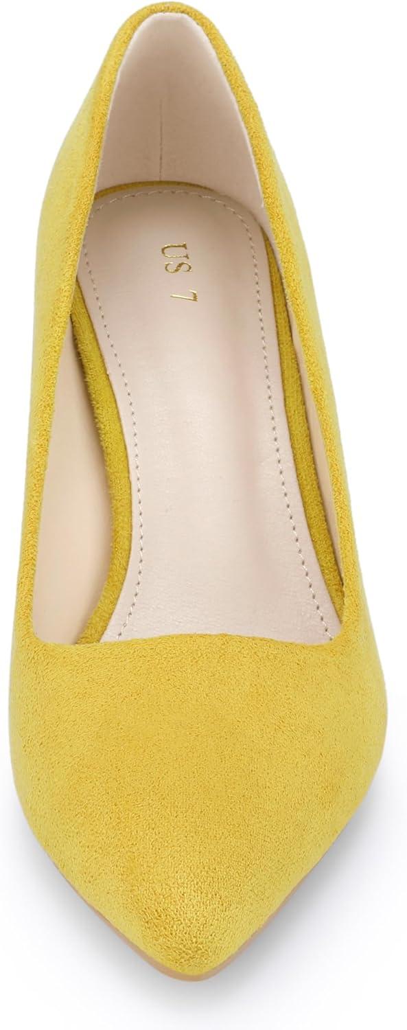 imageAllegra K Womens Pointy Toe Slip on Plaid Printing Closed Toe Dress Shoes Chunky Heel PumpsYellow