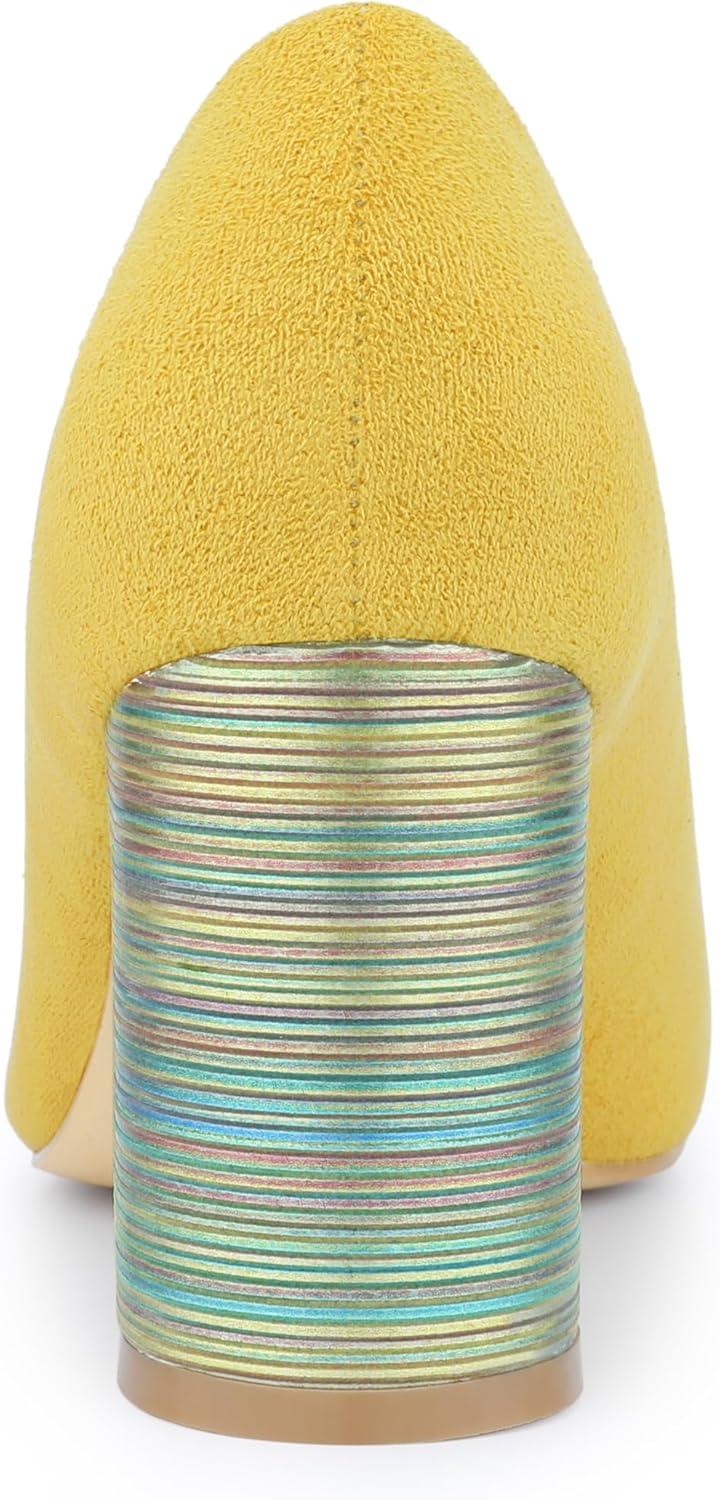 imageAllegra K Womens Pointy Toe Slip on Plaid Printing Closed Toe Dress Shoes Chunky Heel PumpsYellow