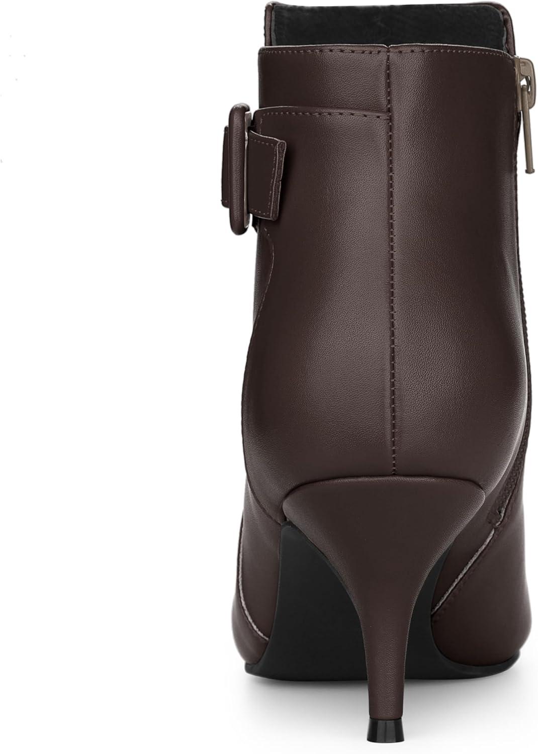 imageAllegra K Womens Pointy Toe Zipper Buckle Decor Kitten Heels Ankle BootsCoffee