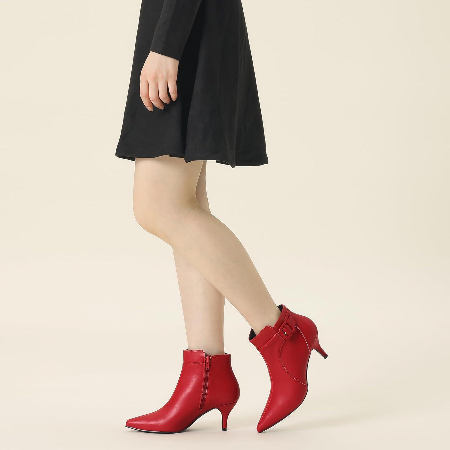 imageAllegra K Womens Pointy Toe Zipper Buckle Decor Kitten Heels Ankle BootsRed