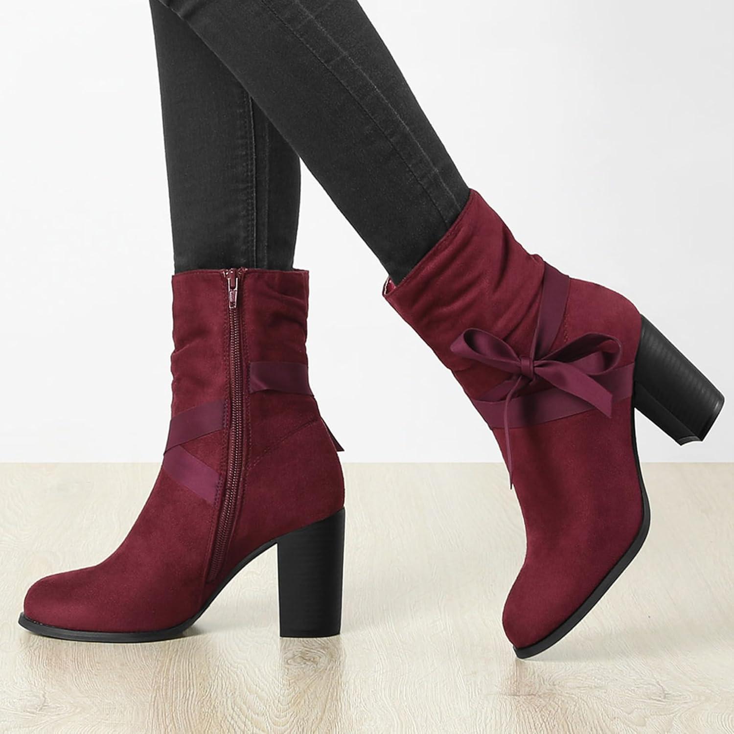 imageAllegra K Womens Slouch Chunky Heel Ankle BootsBurgundy