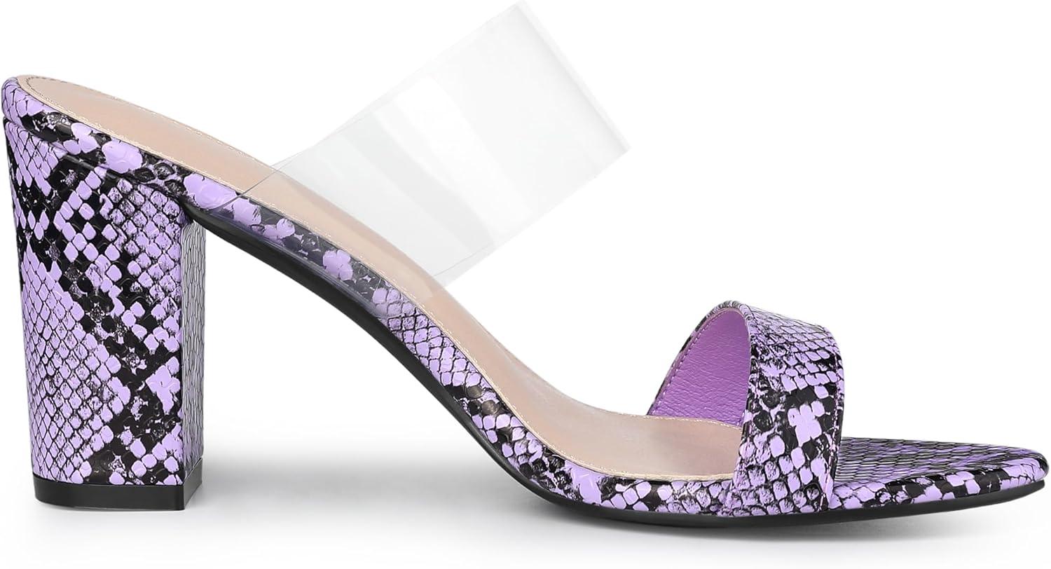 imageAllegra K Womens Snake Print Block Heel Snakeskin Heels Slide SandalsPurple