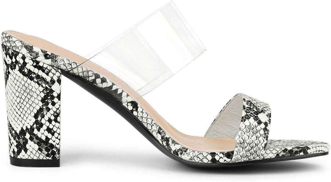 imageAllegra K Womens Snake Print Block Heel Snakeskin Heels Slide SandalsWhite Snakeskin