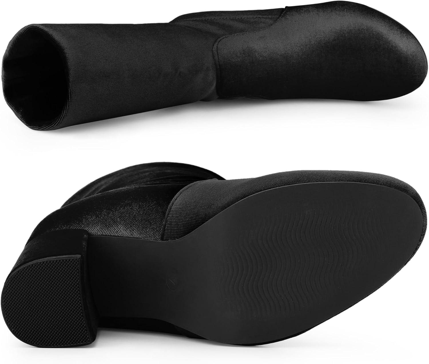 imageAllegra K Womens Velvet Round Toe Block Heels Foldable Mid Calf BootsBlack