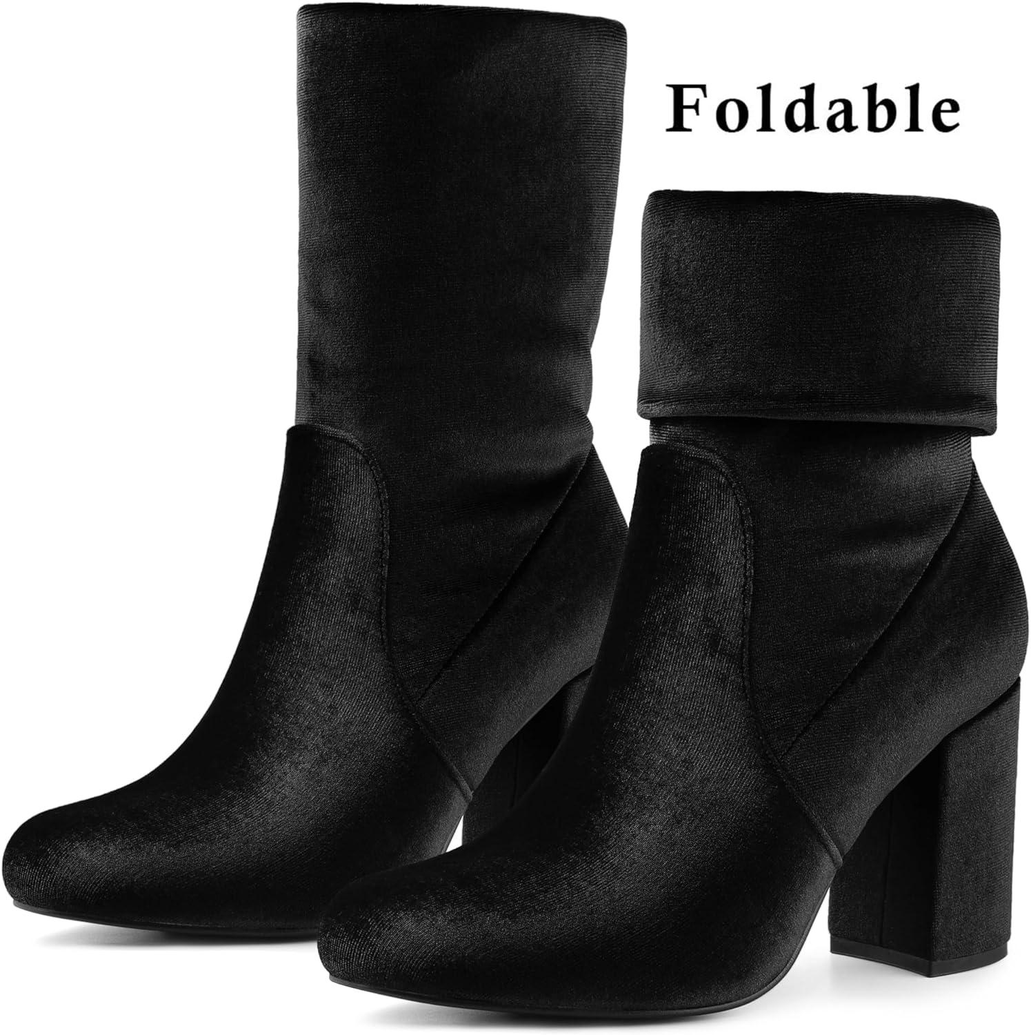 imageAllegra K Womens Velvet Round Toe Block Heels Foldable Mid Calf BootsBlack