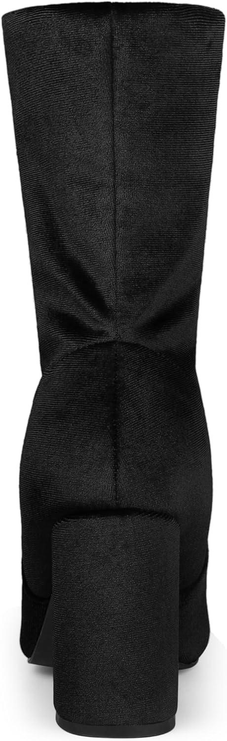 imageAllegra K Womens Velvet Round Toe Block Heels Foldable Mid Calf BootsBlack